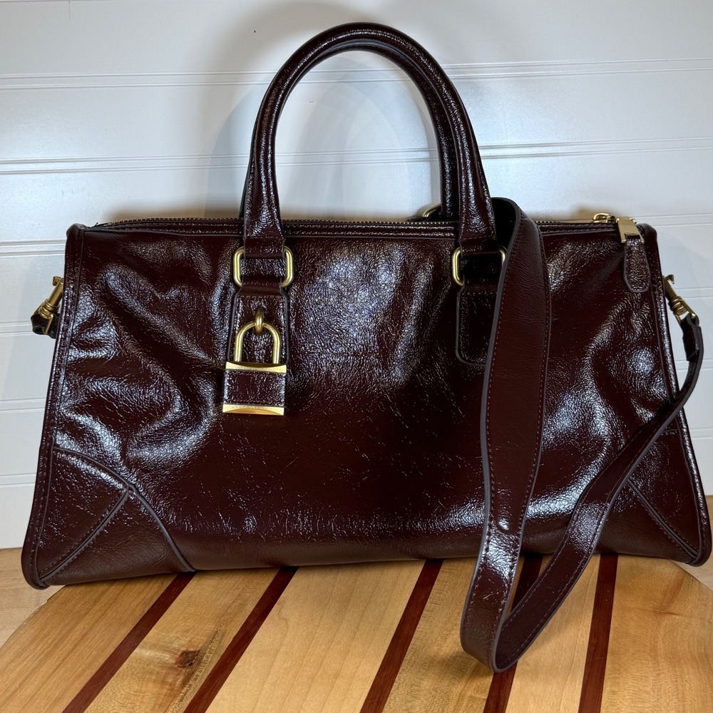 MNG Mango Burgundy Patent Satchel Crossbody Bag Gold Hardware Padlock Detail